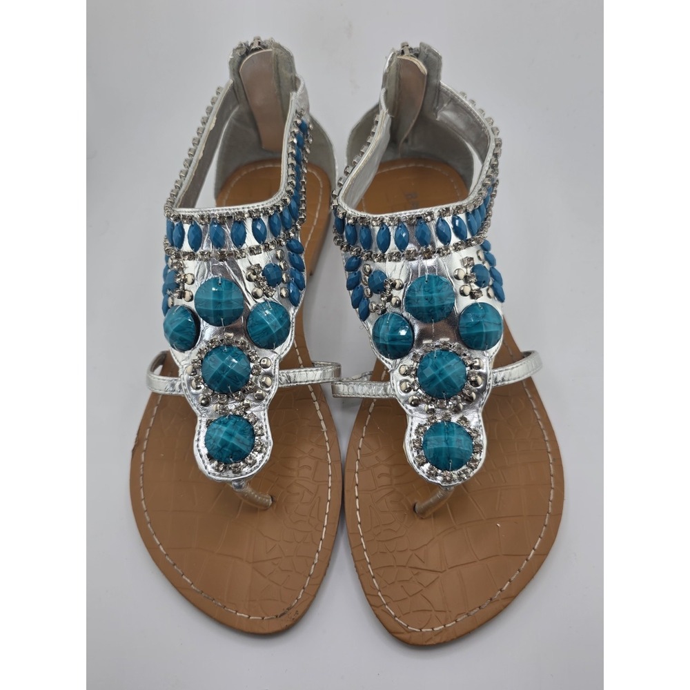 Bamboo Cruise-20 Womens 9 Silver Blue Jeweled Thong Sandals Zip Back Boho